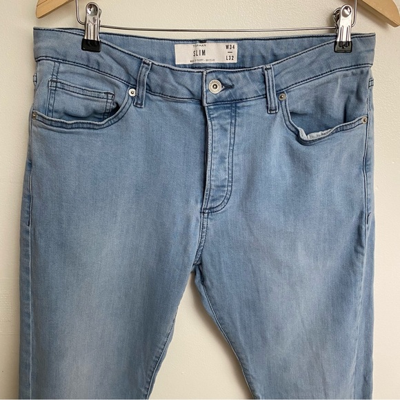 Topman Button Fly Slim Raw Hem Lightwash Blue Denim Jeans - Picture 2 of 14